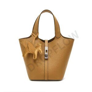 Vegan Leather Tote Bucket Bag Elegant Top Handle Shoulder Purse Detachable